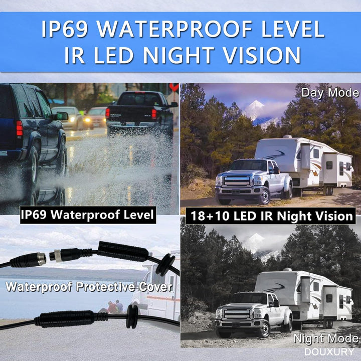 RV Backup Camera System with 7'' Quad Split 1080P Monitor for Truck Trailer Semi Camper Bus & 4 AHD Rear Side View Camera with DVR Record Function IP69 Waterproof Night Vision Avoid Blind Spot DOUXURY - Just Closeouts Canada Inc.