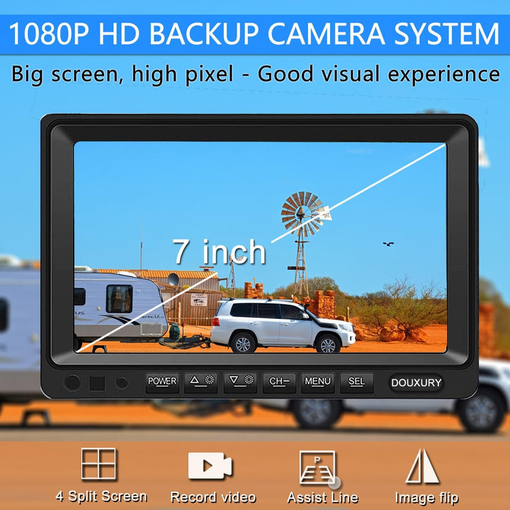 RV Backup Camera System with 7'' Quad Split 1080P Monitor for Truck Trailer Semi Camper Bus & 4 AHD Rear Side View Camera with DVR Record Function IP69 Waterproof Night Vision Avoid Blind Spot DOUXURY - Just Closeouts Canada Inc.