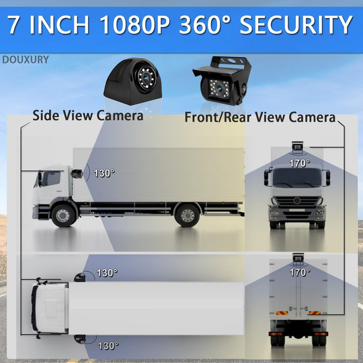 RV Backup Camera System with 7'' Quad Split 1080P Monitor for Truck Trailer Semi Camper Bus & 4 AHD Rear Side View Camera with DVR Record Function IP69 Waterproof Night Vision Avoid Blind Spot DOUXURY - Just Closeouts Canada Inc.