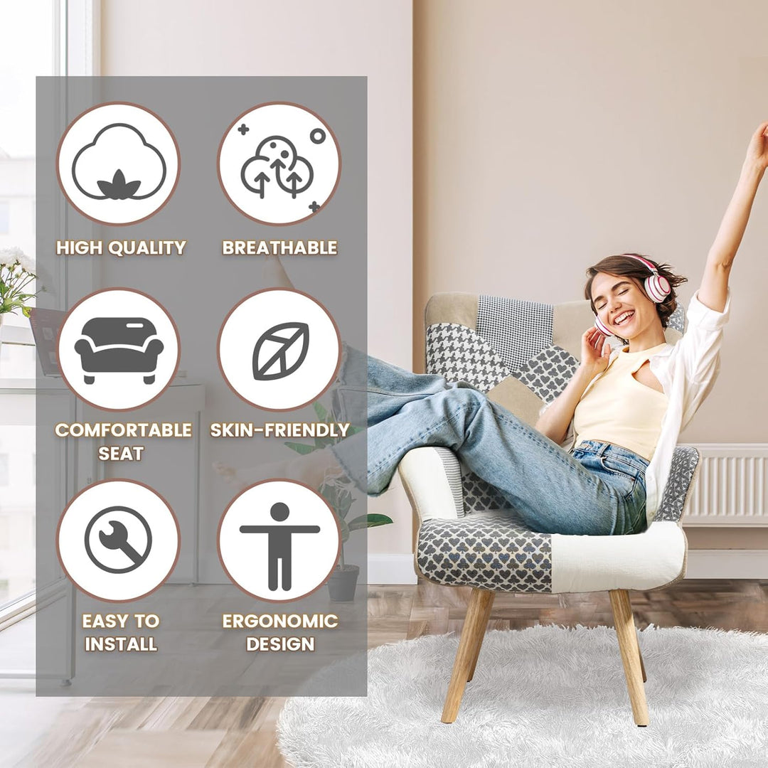 SAETSFEG Accent Plaid Chairs for Living Room, Upholstered Cozy Comfy Mid Century Arm Chair with High Back, Adults Boho Patchwork Armchair for Small Spaces, Bedroom, Grey - Just Closeouts Canada Inc.