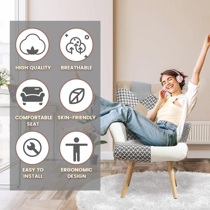 SAETSFEG Accent Plaid Chairs for Living Room, Upholstered Cozy Comfy Mid Century Arm Chair with High Back, Adults Boho Patchwork Armchair for Small Spaces, Bedroom, Grey - Just Closeouts Canada Inc.