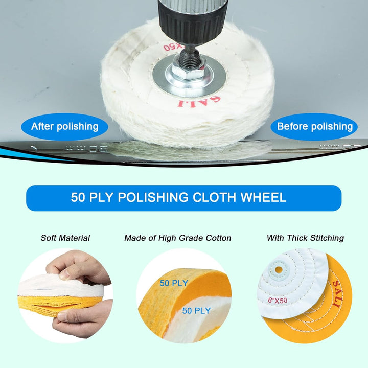 SALI 4 Pack Polishing Wheel for Bench Grinder 6" Buffing Wheel 2 *Yellow Cotton,1*White - Medium Cotton,1* White - Fine Cotton (50 Ply) for Buffer Polisher Pad 1/2'' Arbor Hole with Polishing Compound Kit - Just Closeouts Canada Inc.