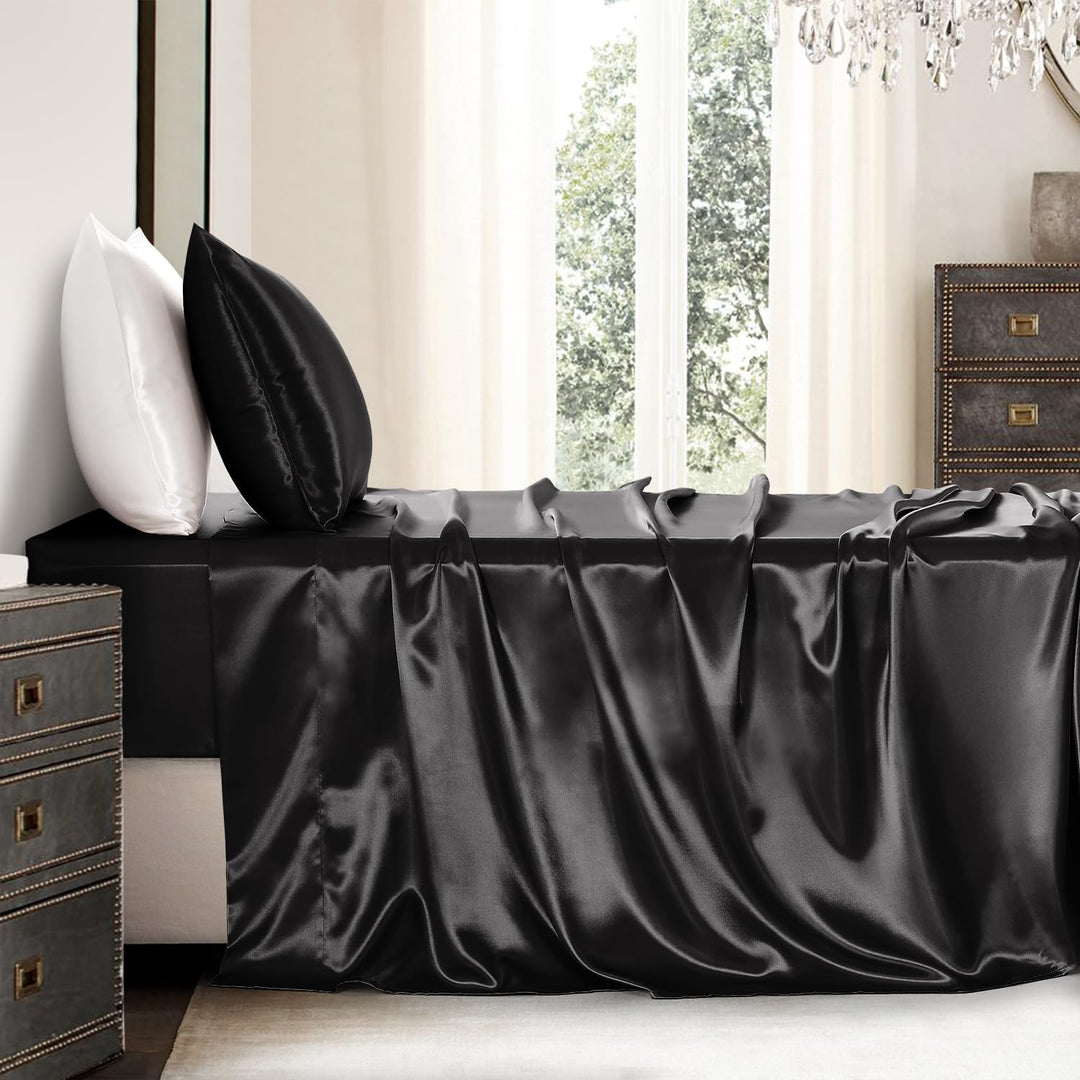Satin Sheets Twin Size - 3 Pieces Luxury Silky Soft Bed Sheets, Wrinkle - Free Light Pink Satin Silk Sheet Set with 1 Deep Pocket Fitted Sheet, 1 Flat Sheet, 1 Pillow Case Black - Just Closeouts Canada Inc.