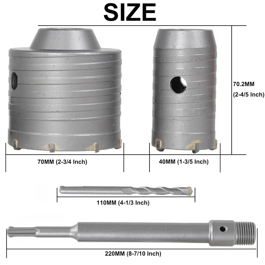 SDS Plus Concrete Hole Saw Kits, 1 - 3/5, 2 - 3/4 in (40MM, 70MM) Tungsten Steel Masonry Coring Drill Bits Cement Wall Hole Cutter for Brick Wall Drilling with 8 - 7/10 in (220mm) SDS - Plus Shank - Just Closeouts Canada Inc.