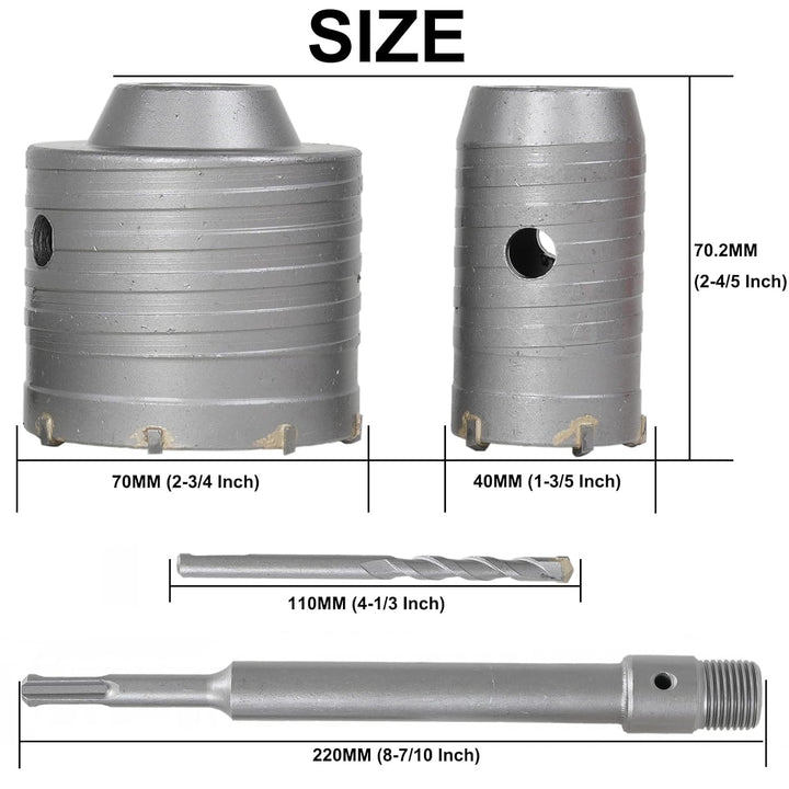 SDS Plus Concrete Hole Saw Kits, 1 - 3/5, 2 - 3/4 in (40MM, 70MM) Tungsten Steel Masonry Coring Drill Bits Cement Wall Hole Cutter for Brick Wall Drilling with 8 - 7/10 in (220mm) SDS - Plus Shank - Just Closeouts Canada Inc.