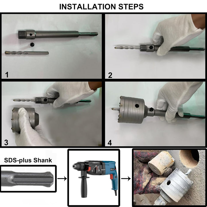 SDS Plus Concrete Hole Saw Kits, 1 - 3/5, 2 - 3/4 in (40MM, 70MM) Tungsten Steel Masonry Coring Drill Bits Cement Wall Hole Cutter for Brick Wall Drilling with 8 - 7/10 in (220mm) SDS - Plus Shank - Just Closeouts Canada Inc.