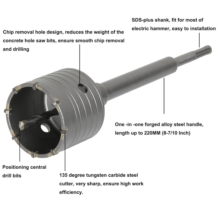 SDS Plus Concrete Hole Saw Kits, 1 - 3/5, 2 - 3/4 in (40MM, 70MM) Tungsten Steel Masonry Coring Drill Bits Cement Wall Hole Cutter for Brick Wall Drilling with 8 - 7/10 in (220mm) SDS - Plus Shank - Just Closeouts Canada Inc.
