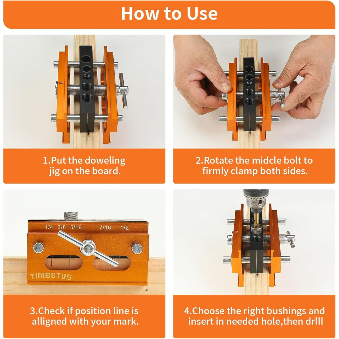 Self Centering Doweling Jig Kit - Adjustable Width Dowel Jig Kit for Straight Holes, Biscuit Joiner Set, 6 Bushings, 3 Size Drill Bits - Woodworking Precision Tool - Just Closeouts Canada Inc.