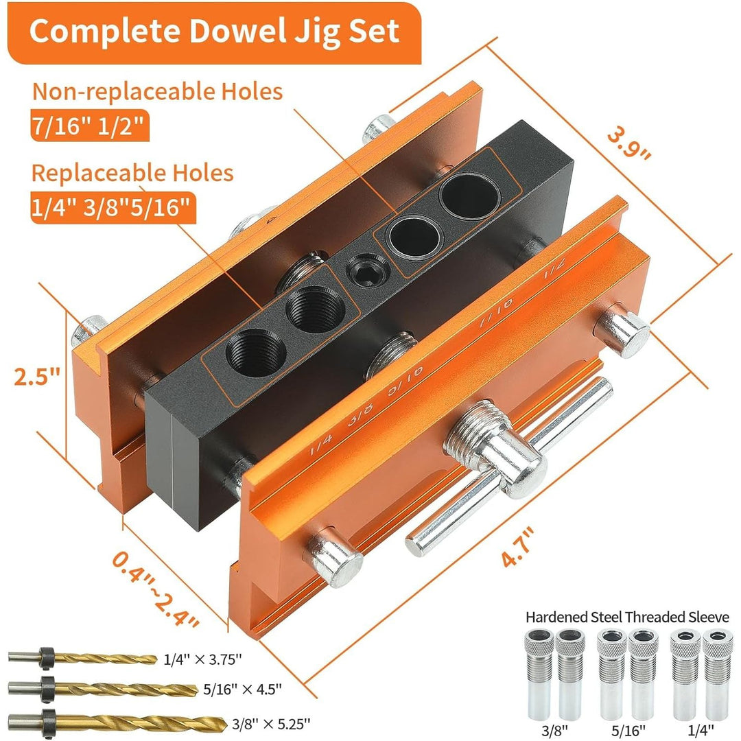 Self Centering Doweling Jig Kit - Adjustable Width Dowel Jig Kit for Straight Holes, Biscuit Joiner Set, 6 Bushings, 3 Size Drill Bits - Woodworking Precision Tool - Just Closeouts Canada Inc.