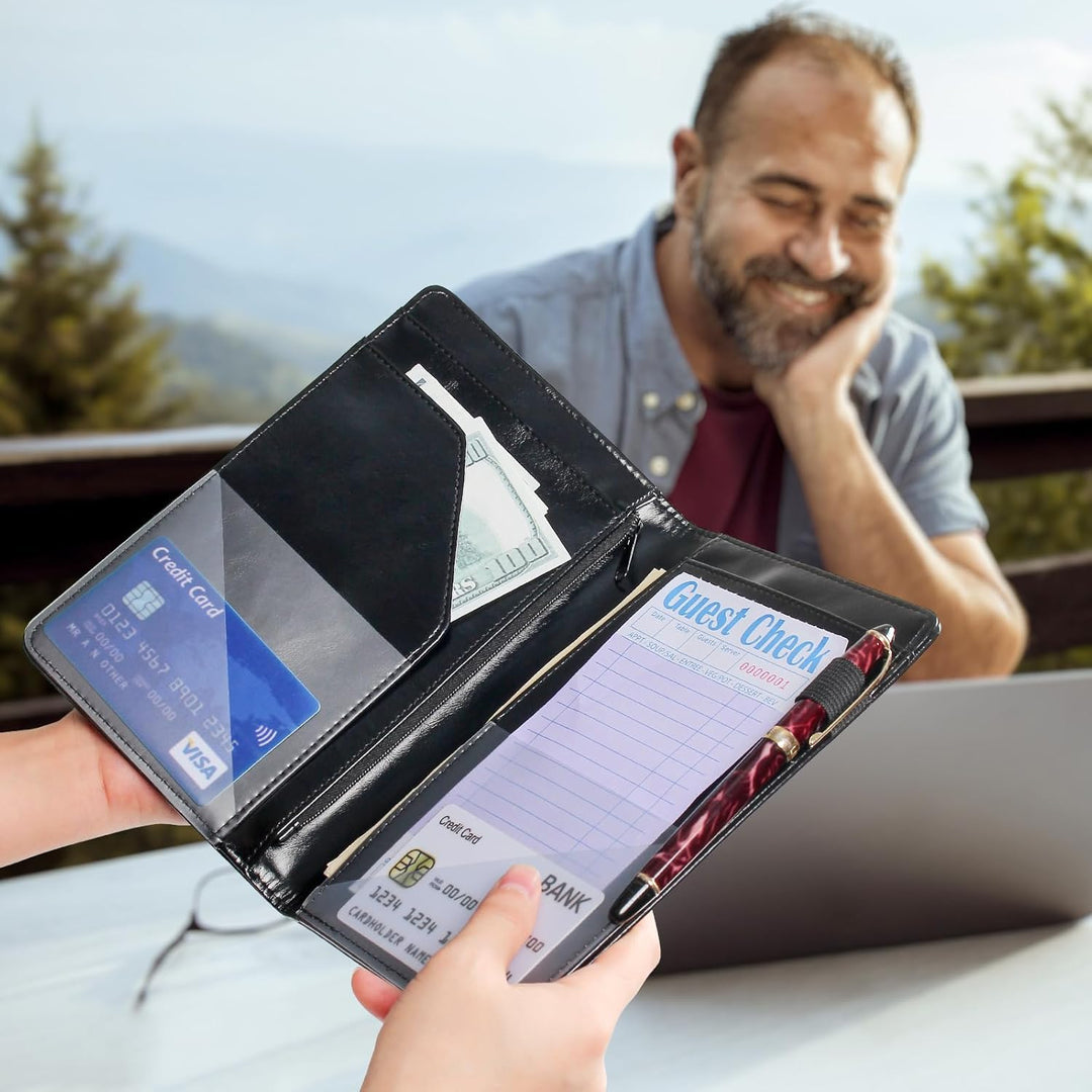 Server Book for Waitress, Leather Waiter Organizer with Zipper Pocket, Restaurant Waitstaff Booklet, Guest Check Holder with Money Pocket, Fits Server Apron(Black) - Just Closeouts Canada Inc.