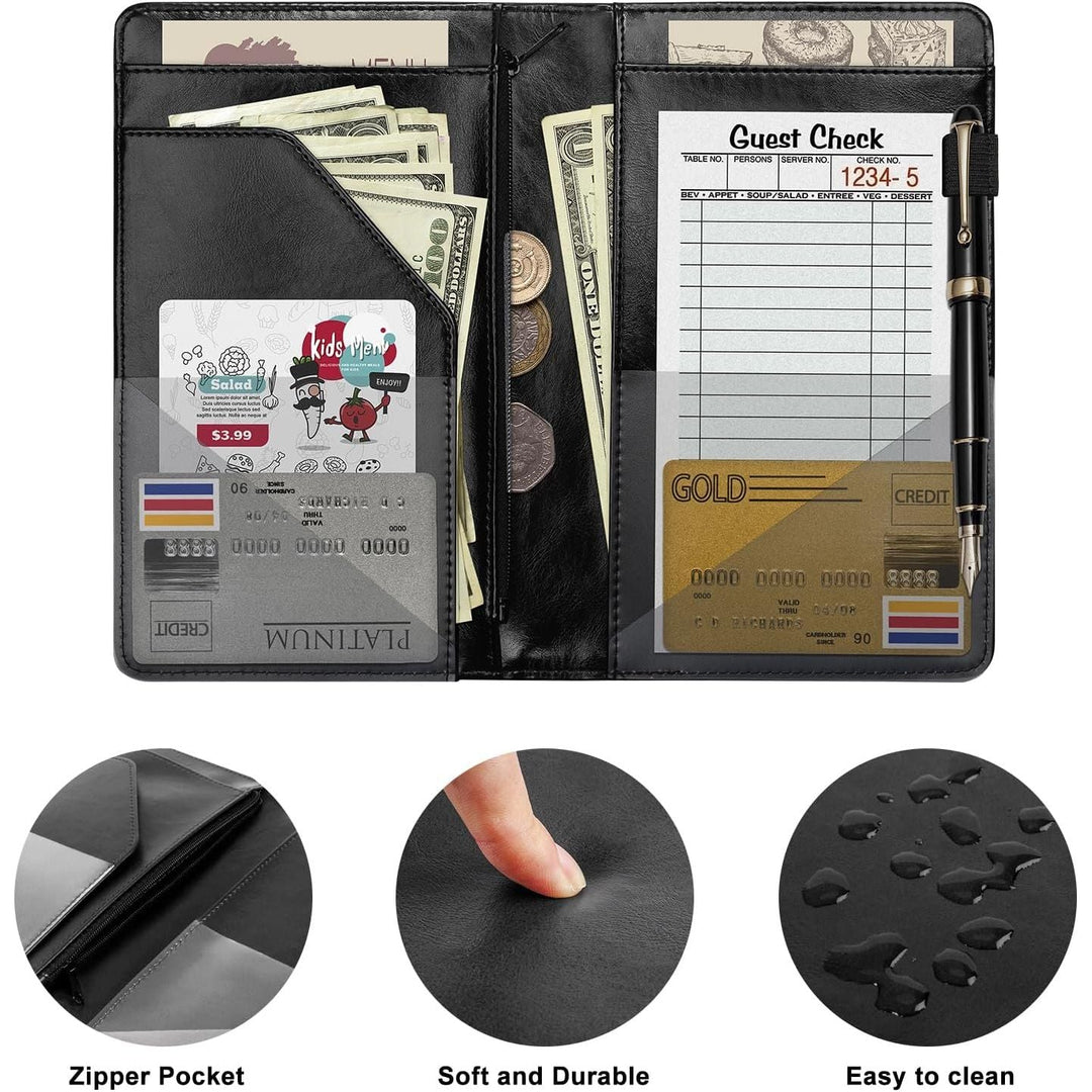 Server Book for Waitress, Leather Waiter Organizer with Zipper Pocket, Restaurant Waitstaff Booklet, Guest Check Holder with Money Pocket, Fits Server Apron(Black) - Just Closeouts Canada Inc.
