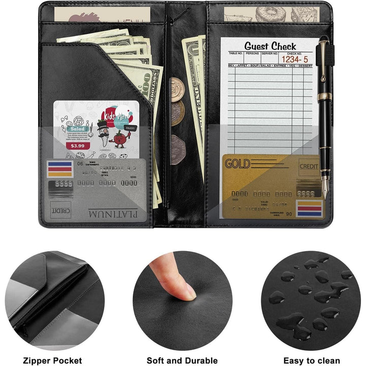 Server Book for Waitress, Leather Waiter Organizer with Zipper Pocket, Restaurant Waitstaff Booklet, Guest Check Holder with Money Pocket, Fits Server Apron(Black) - Just Closeouts Canada Inc.