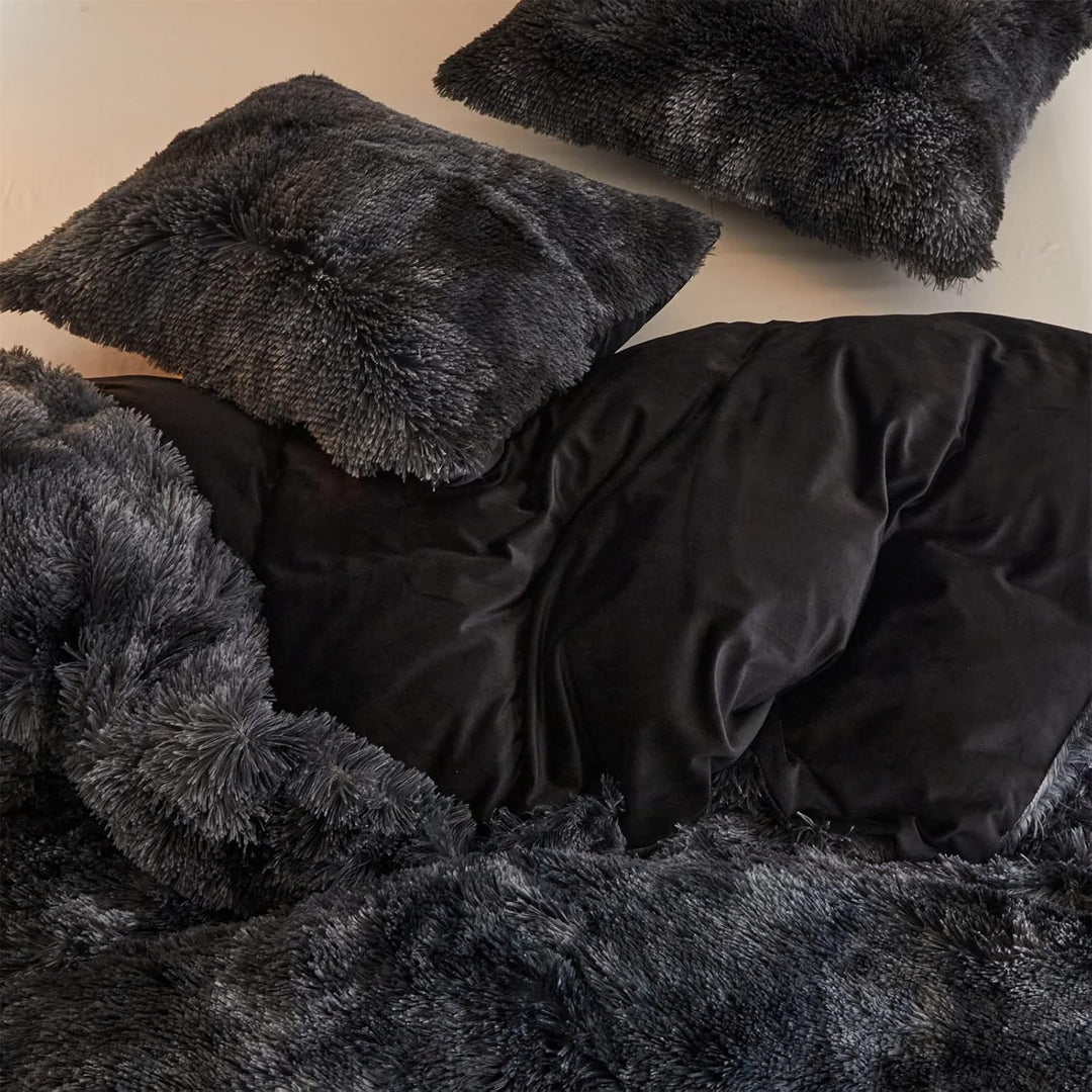 Shaggy Plush Duvet Cover Set Super Soft Fluffy Faux Fur Comforter Cover Set Luxury Fuzzy Bedding Set 3 Piece(1Duvet Cover+2Pillowcases) with Zipper Clusure(Black Ombre,Queen Size) - Just Closeouts Canada Inc.