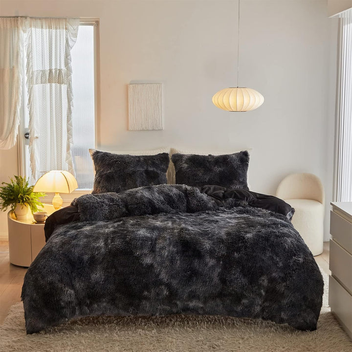 Shaggy Plush Duvet Cover Set Super Soft Fluffy Faux Fur Comforter Cover Set Luxury Fuzzy Bedding Set 3 Piece(1Duvet Cover+2Pillowcases) with Zipper Clusure(Black Ombre,Queen Size) - Just Closeouts Canada Inc.