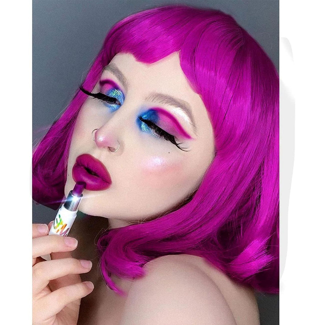 Short Bob Hair Wigs Straight with Flat Bangs Synthetic Colorful Cosplay Daily Party Neon Wig for Women + Free Wig Cap 14" Natural As Real (Purple) - Just Closeouts Canada Inc.