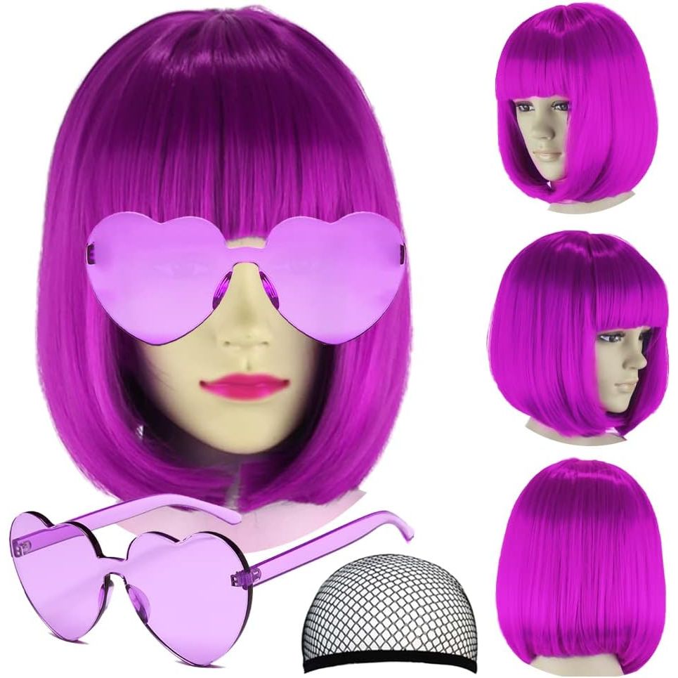 Short Bob Hair Wigs Straight with Flat Bangs Synthetic Colorful Cosplay Daily Party Neon Wig for Women + Free Wig Cap 14" Natural As Real (Purple) - Just Closeouts Canada Inc.