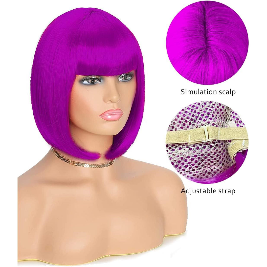 Short Bob Hair Wigs Straight with Flat Bangs Synthetic Colorful Cosplay Daily Party Neon Wig for Women + Free Wig Cap 14" Natural As Real (Purple) - Just Closeouts Canada Inc.