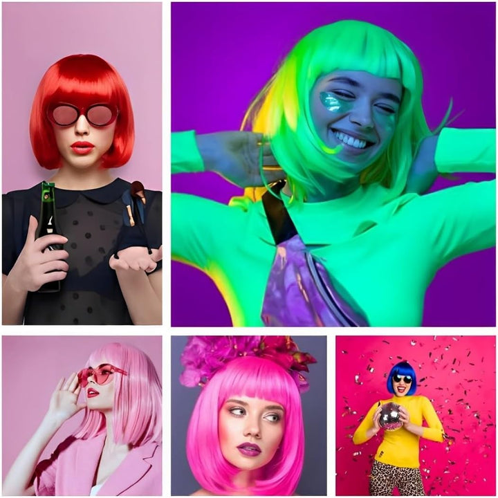 Short Bob Hair Wigs Straight with Flat Bangs Synthetic Colorful Cosplay Daily Party Neon Wig for Women + Free Wig Cap 14" Natural As Real (Purple) - Just Closeouts Canada Inc.