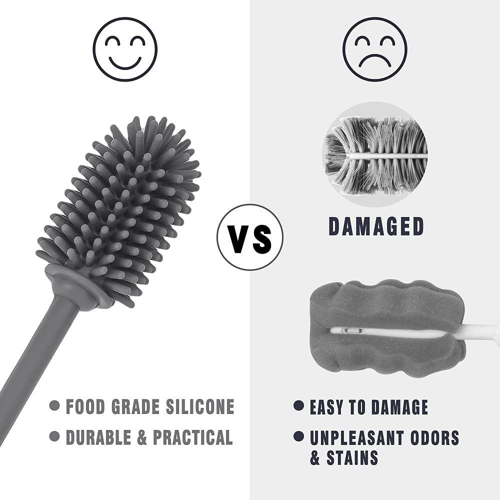 Silicone Bottle Cleaning Brush with Long Handle, BPA Free 12.5" Water Bottle Cleaner for Washing Baby Bottles, Hydroflasks, Sports Bottle, Vase, and Glassware (Gray) - Just Closeouts Canada Inc.