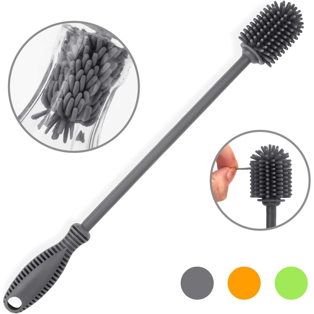 Silicone Bottle Cleaning Brush with Long Handle, BPA Free 12.5" Water Bottle Cleaner for Washing Baby Bottles, Hydroflasks, Sports Bottle, Vase, and Glassware (Gray) - Just Closeouts Canada Inc.