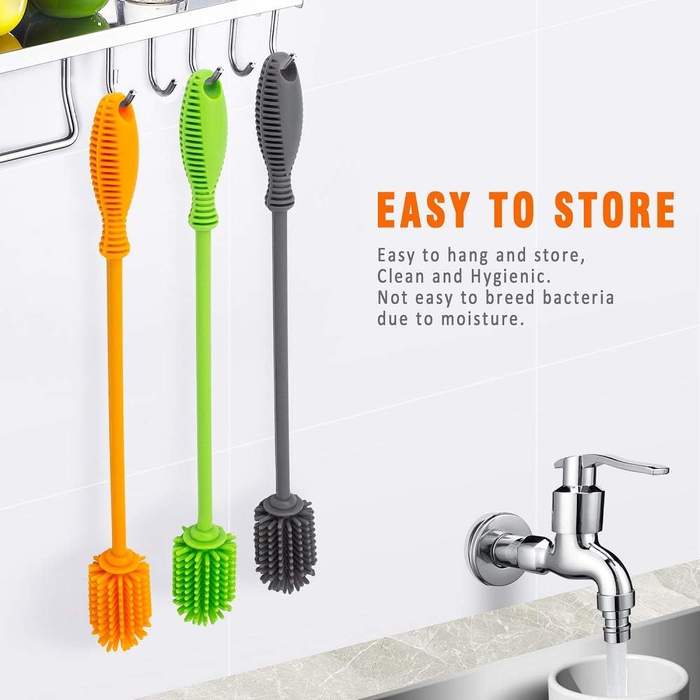 Silicone Bottle Cleaning Brush with Long Handle, BPA Free 12.5" Water Bottle Cleaner for Washing Baby Bottles, Hydroflasks, Sports Bottle, Vase, and Glassware (Gray) - Just Closeouts Canada Inc.