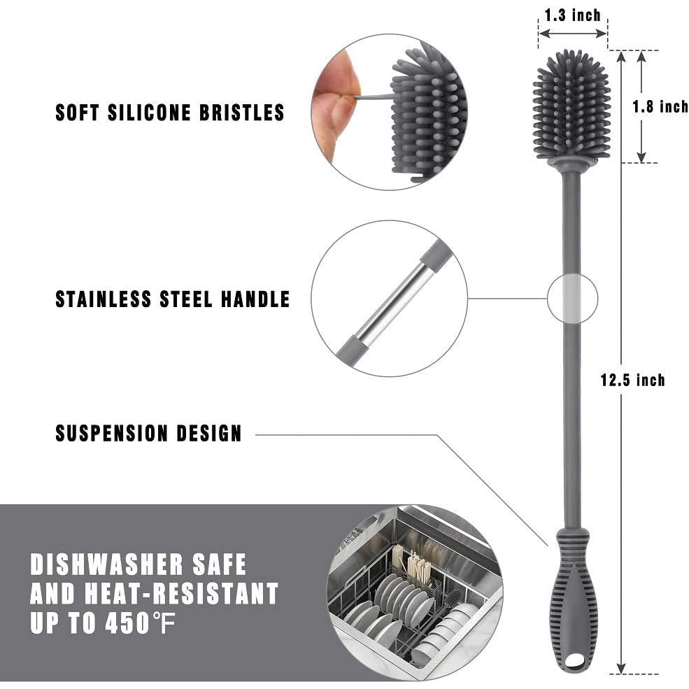 Silicone Bottle Cleaning Brush with Long Handle, BPA Free 12.5" Water Bottle Cleaner for Washing Baby Bottles, Hydroflasks, Sports Bottle, Vase, and Glassware (Gray) - Just Closeouts Canada Inc.