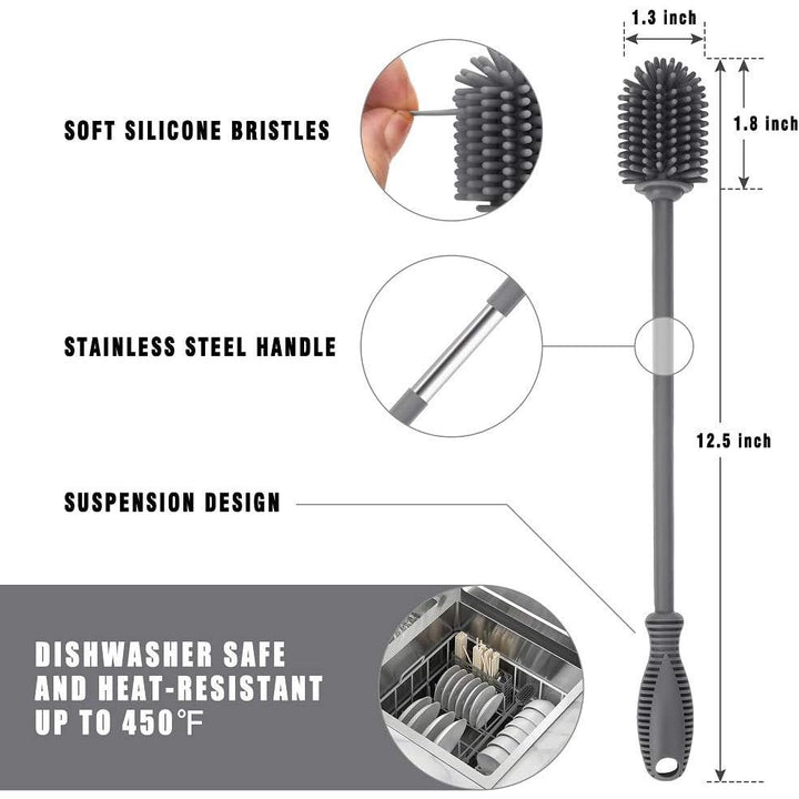 Silicone Bottle Cleaning Brush with Long Handle, BPA Free 12.5" Water Bottle Cleaner for Washing Baby Bottles, Hydroflasks, Sports Bottle, Vase, and Glassware (Gray) - Just Closeouts Canada Inc.