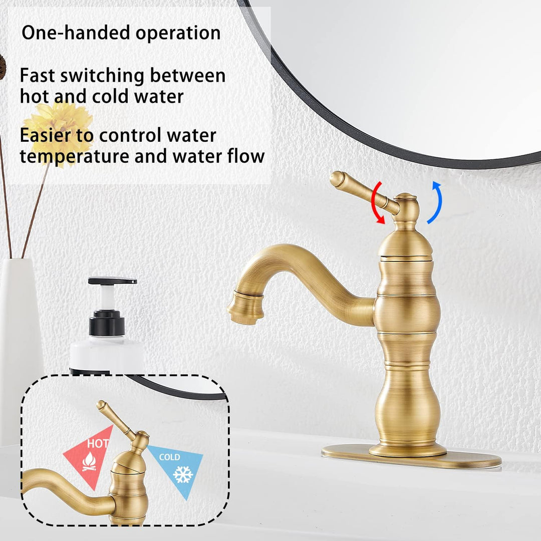 Single Handle One Hole Antique Brass Bathroom Sink Faucet Matching Pop Up Drain with Overflow Bathroom Vanity Faucet - Just Closeouts Canada Inc.