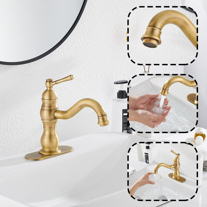 Single Handle One Hole Antique Brass Bathroom Sink Faucet Matching Pop Up Drain with Overflow Bathroom Vanity Faucet - Just Closeouts Canada Inc.