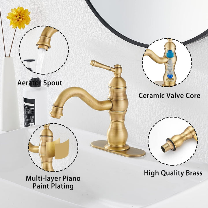 Single Handle One Hole Antique Brass Bathroom Sink Faucet Matching Pop Up Drain with Overflow Bathroom Vanity Faucet - Just Closeouts Canada Inc.