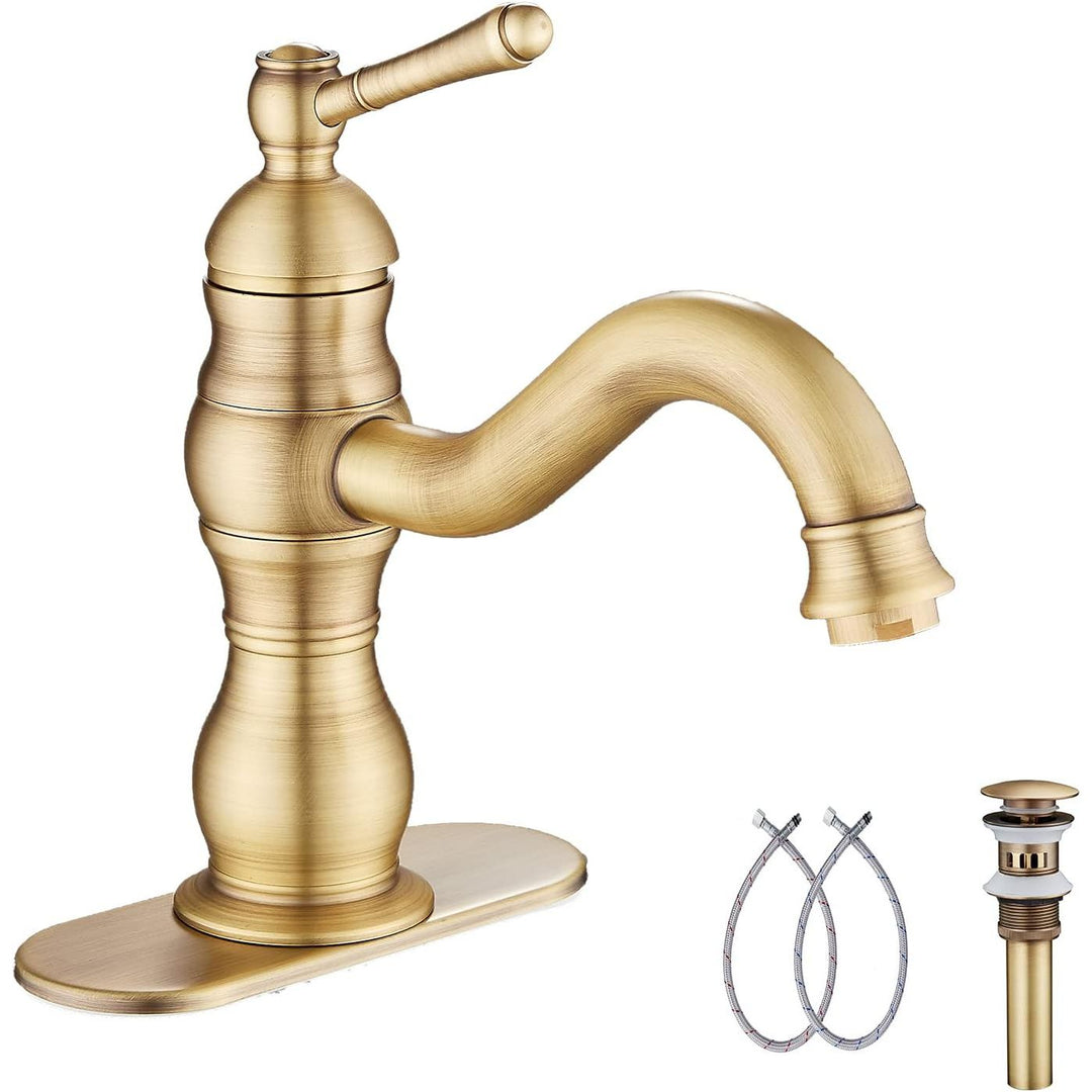 Single Handle One Hole Antique Brass Bathroom Sink Faucet Matching Pop Up Drain with Overflow Bathroom Vanity Faucet - Just Closeouts Canada Inc.