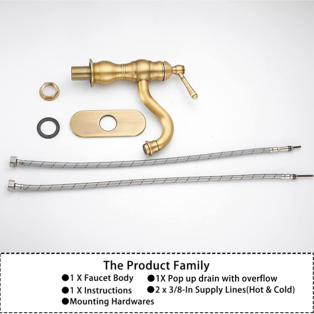 Single Handle One Hole Antique Brass Bathroom Sink Faucet Matching Pop Up Drain with Overflow Bathroom Vanity Faucet - Just Closeouts Canada Inc.