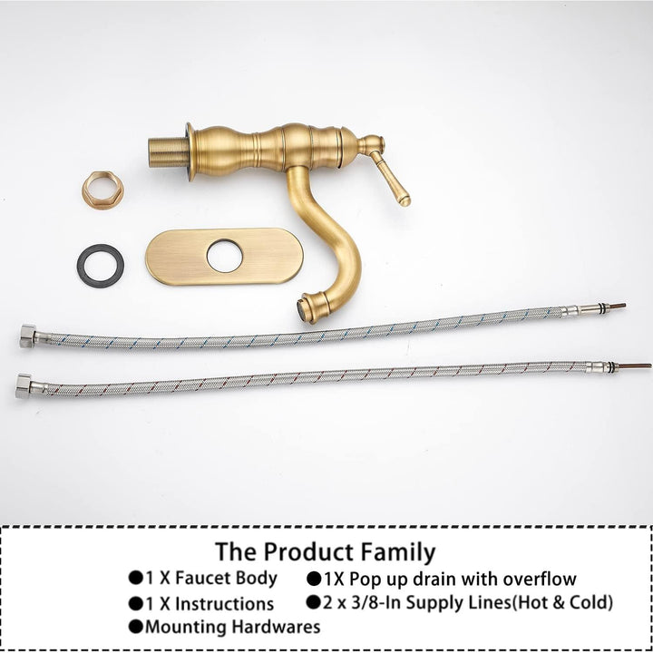 Single Handle One Hole Antique Brass Bathroom Sink Faucet Matching Pop Up Drain with Overflow Bathroom Vanity Faucet - Just Closeouts Canada Inc.
