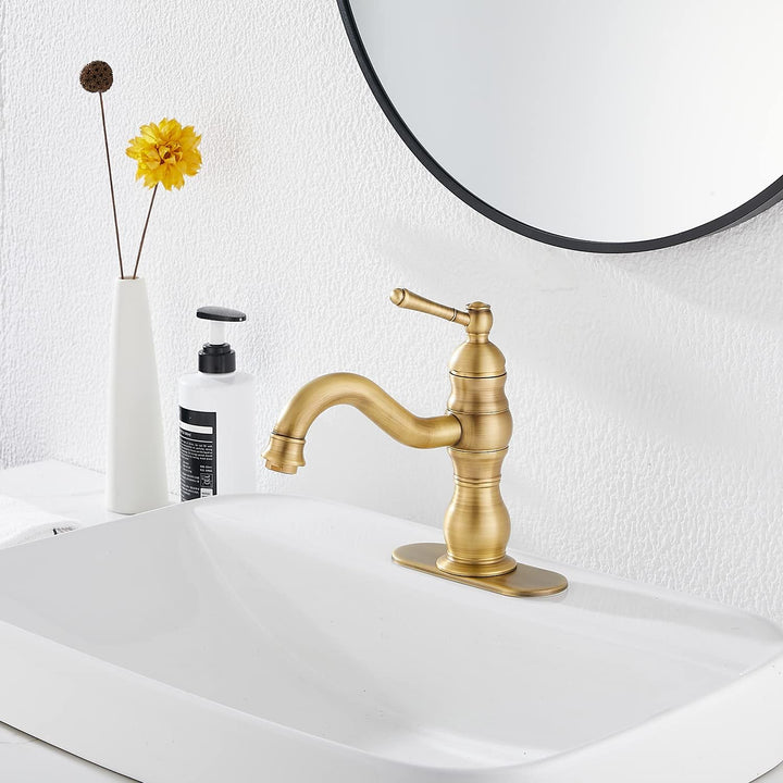 Single Handle One Hole Antique Brass Bathroom Sink Faucet Matching Pop Up Drain with Overflow Bathroom Vanity Faucet - Just Closeouts Canada Inc.