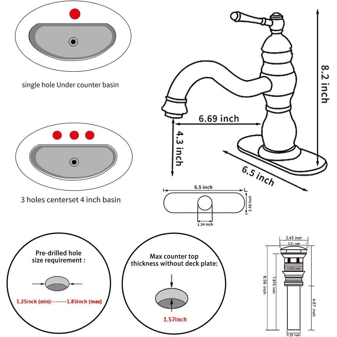 Single Handle One Hole Antique Brass Bathroom Sink Faucet Matching Pop Up Drain with Overflow Bathroom Vanity Faucet - Just Closeouts Canada Inc.