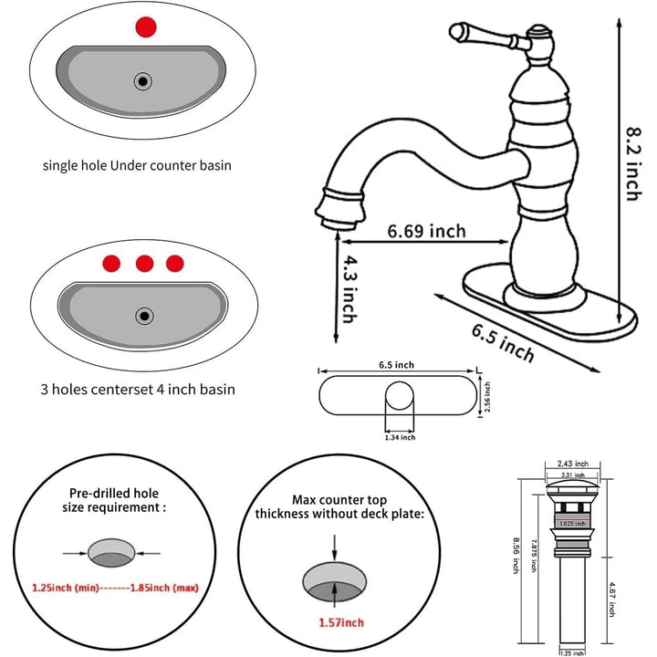 Single Handle One Hole Antique Brass Bathroom Sink Faucet Matching Pop Up Drain with Overflow Bathroom Vanity Faucet - Just Closeouts Canada Inc.
