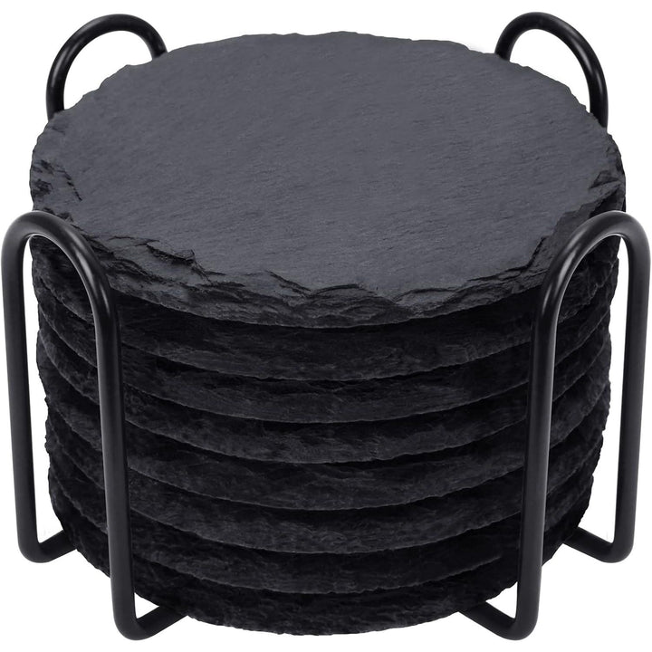 Slate Drink Coasters with Metal Holder, GOH DODD Set of 8 Black Coasters, 4 Inch Stone Coaster Set Coffee Table Decor Tabletop Protection for Home Office Kitchen Apartment, Round - Just Closeouts Canada Inc.