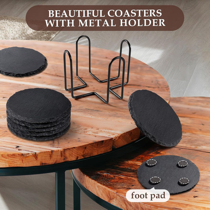 Slate Drink Coasters with Metal Holder, GOH DODD Set of 8 Black Coasters, 4 Inch Stone Coaster Set Coffee Table Decor Tabletop Protection for Home Office Kitchen Apartment, Round - Just Closeouts Canada Inc.
