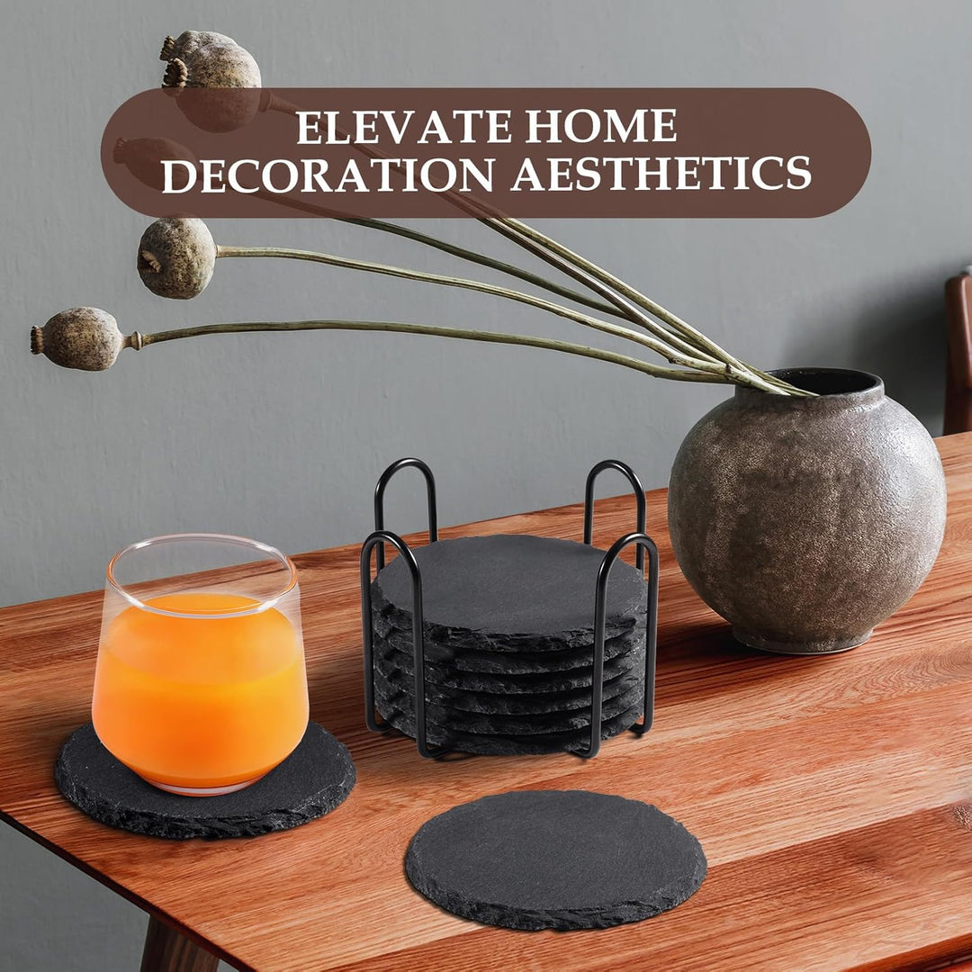 Slate Drink Coasters with Metal Holder, GOH DODD Set of 8 Black Coasters, 4 Inch Stone Coaster Set Coffee Table Decor Tabletop Protection for Home Office Kitchen Apartment, Round - Just Closeouts Canada Inc.