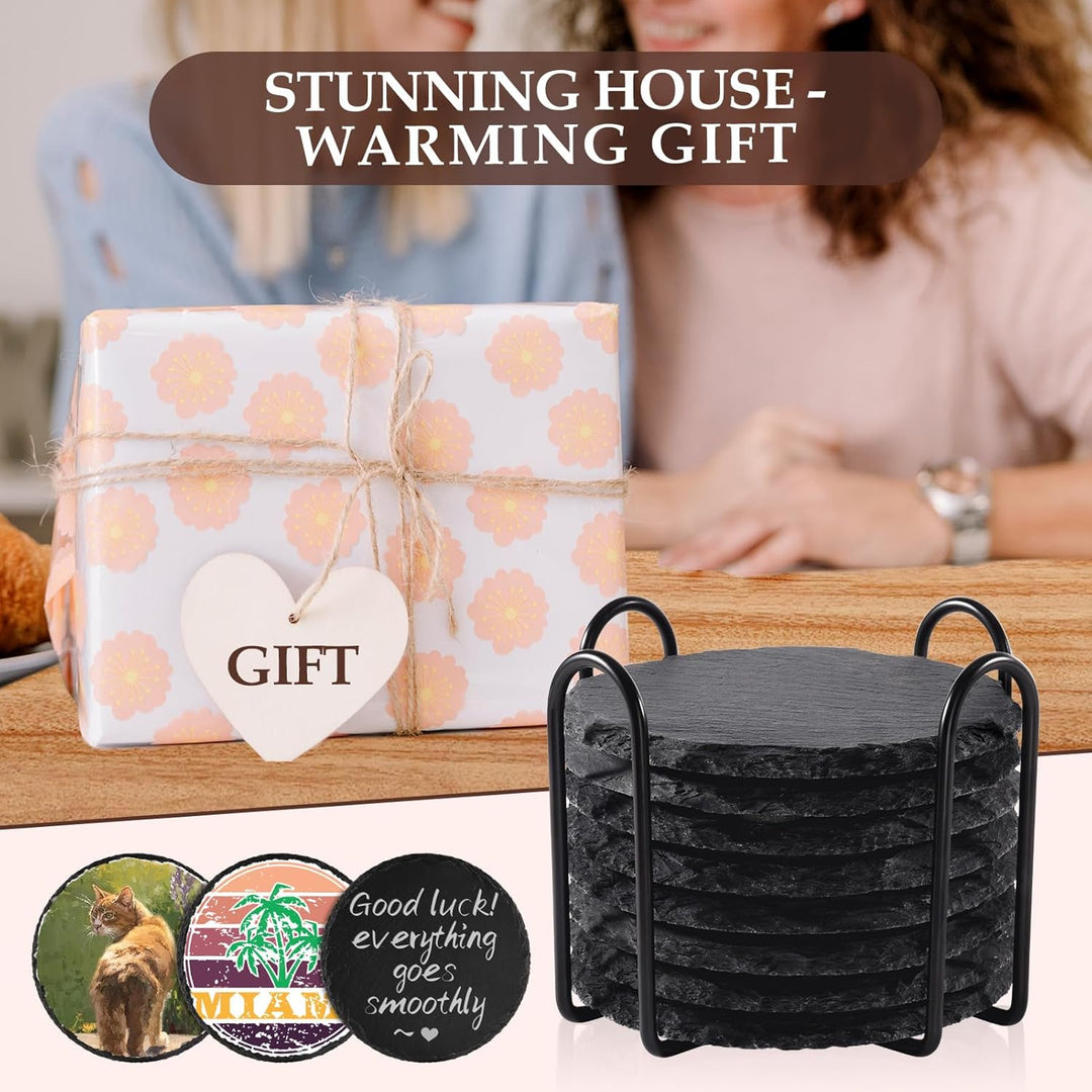 Slate Drink Coasters with Metal Holder, GOH DODD Set of 8 Black Coasters, 4 Inch Stone Coaster Set Coffee Table Decor Tabletop Protection for Home Office Kitchen Apartment, Round - Just Closeouts Canada Inc.