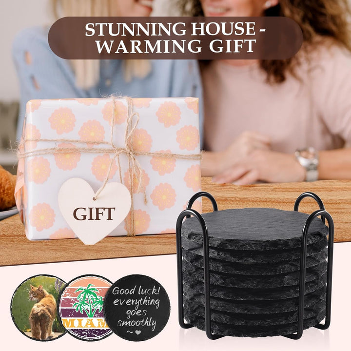 Slate Drink Coasters with Metal Holder, GOH DODD Set of 8 Black Coasters, 4 Inch Stone Coaster Set Coffee Table Decor Tabletop Protection for Home Office Kitchen Apartment, Round - Just Closeouts Canada Inc.