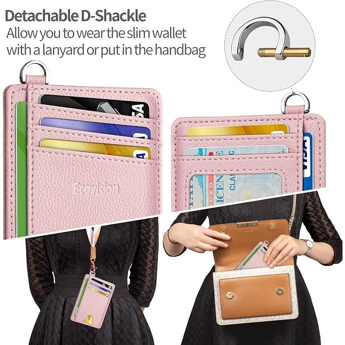 Slim Minimalist Front Pocket Wallet, RFID Blocking Credit Card Holder Wallet with Detachable D-Shackle for Men Women, Pink - Just Closeouts Canada Inc.