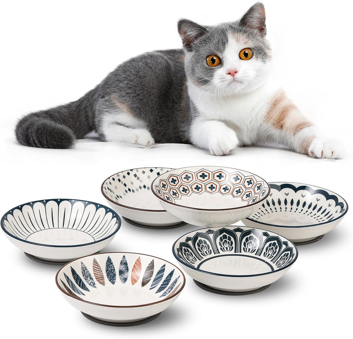 Small Ceramic Cat Food Bowl - Wide Shallow Cat Bowl with Non - Slip Mat - Whisker Friendly Cat Feeding Bowls - Japanese Style Cute Cat Dish - Cat Plates - Dishwasher Safe - Set of 6 - 8.5 oz（5.75 inch - Just Closeouts Canada Inc.X0040IF2YD