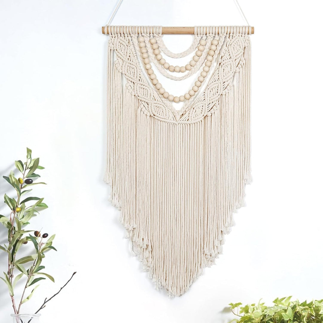 Small Macrame Wall Hanging Boho Handmade Woven Tapestry Bohemian Wall Art Decor with Chic Wooden Beads Home Decor for Bedroom Living Room Apartment Dorm Gallery Wedding 16.5"x28" - Just Closeouts Canada Inc.