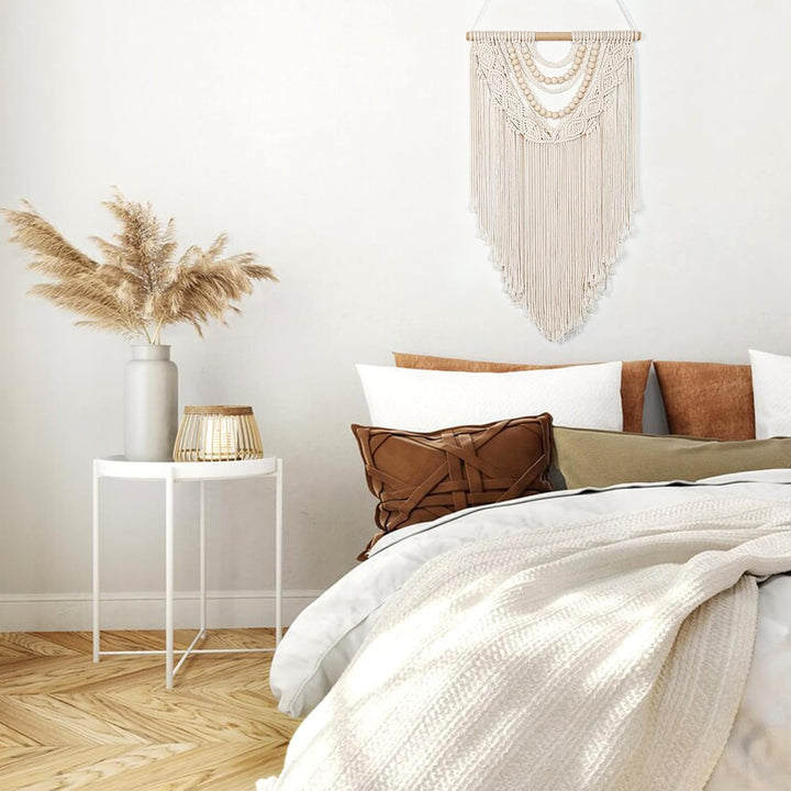 Small Macrame Wall Hanging Boho Handmade Woven Tapestry Bohemian Wall Art Decor with Chic Wooden Beads Home Decor for Bedroom Living Room Apartment Dorm Gallery Wedding 16.5"x28" - Just Closeouts Canada Inc.
