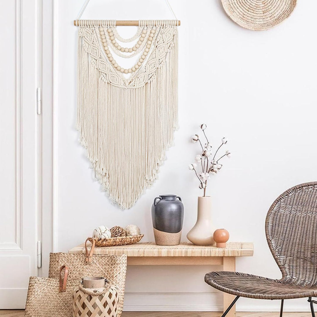 Small Macrame Wall Hanging Boho Handmade Woven Tapestry Bohemian Wall Art Decor with Chic Wooden Beads Home Decor for Bedroom Living Room Apartment Dorm Gallery Wedding 16.5"x28" - Just Closeouts Canada Inc.