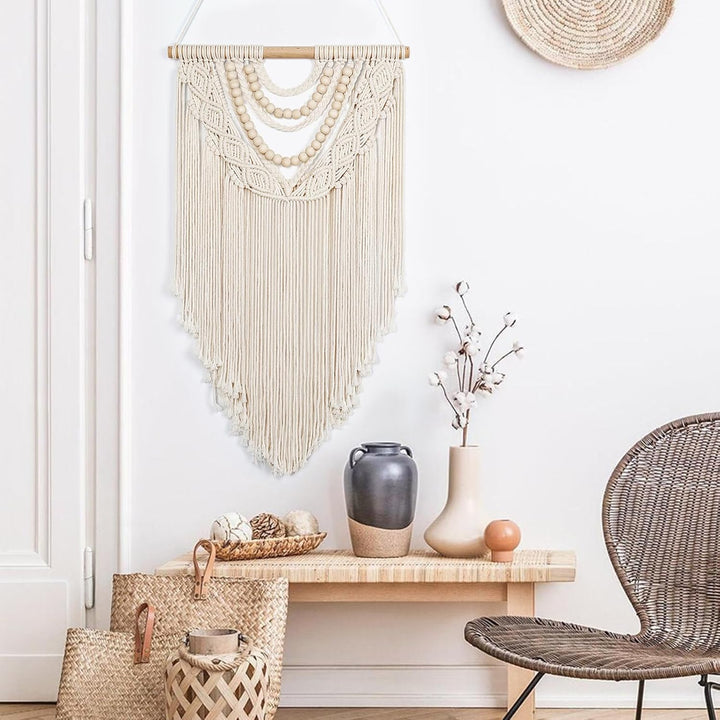 Small Macrame Wall Hanging Boho Handmade Woven Tapestry Bohemian Wall Art Decor with Chic Wooden Beads Home Decor for Bedroom Living Room Apartment Dorm Gallery Wedding 16.5"x28" - Just Closeouts Canada Inc.
