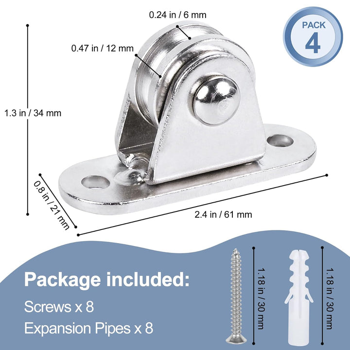 Small Pulley Block 1" Stainless Steel Mini Duplex Pulley Roller Frictionless Silent Wheel Heavy Duty Fixed Pulley Loading 176 lb for Rope Cable Cord Guide & Wall Ceiling Mount DIY Project - 4 Pack - Just Closeouts Canada Inc.