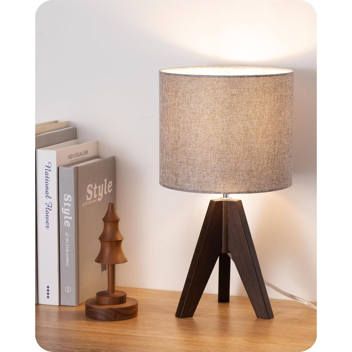 Small Table Lamp Walnut Color with Grey Linen Lampshade Bedside Lamp, Farmhouse Nightstand Lamp, Wooden Tripod, 14.2 Inch, for Nursery, Bedroom, Living Room, Kid Room, Office, E26 Socket - Just Closeouts Canada Inc.X003RQLIZL