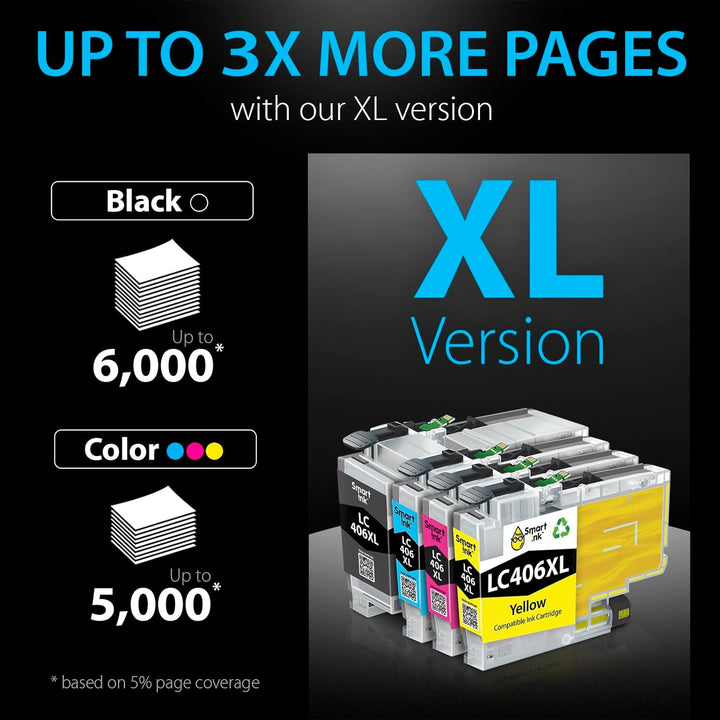 Smart Ink Compatible Ink Cartridge Replacement for Brother LC406 XL LC406XL LC 406 4 Combo Pack to use with MFC - J4335DW MFC - J5855DW MFC - J6555DW MFC - J4535DW MFC - J6955DW (Black, Cyan, Magenta, Yellow) - Just Closeouts Canada Inc.